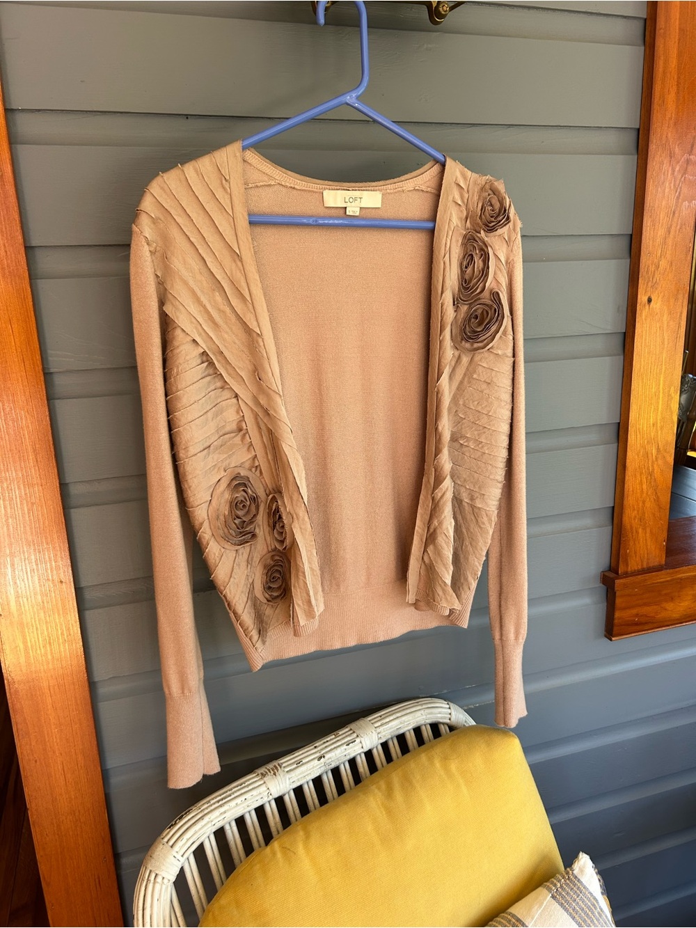 LOFT Tan Cream Open-Front Cardigan with Floral Appliqué